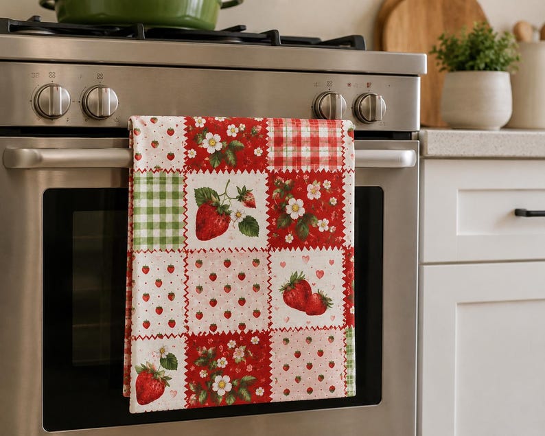 May include: A rectangular kitchen towel featuring a patchwork design of red strawberries, white strawberry blossoms, and green leaves on a white background, interspersed with red and white gingham and green and white checkered square patterns.