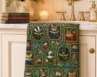 Ręcznik do rąk w stylu vintage z motywem zwierząt do czytania | Wzór z kotem i lisem i królikiem