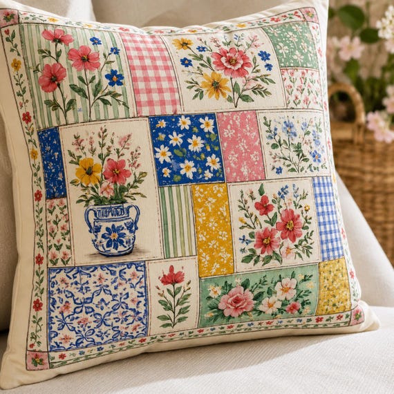 Patchwork Look Floral Throw Pillow, Cottagecore Pillow Cover, Vintage Farmhouse Decor, Floral Quilt Style Pillow, Spring Garden Accent