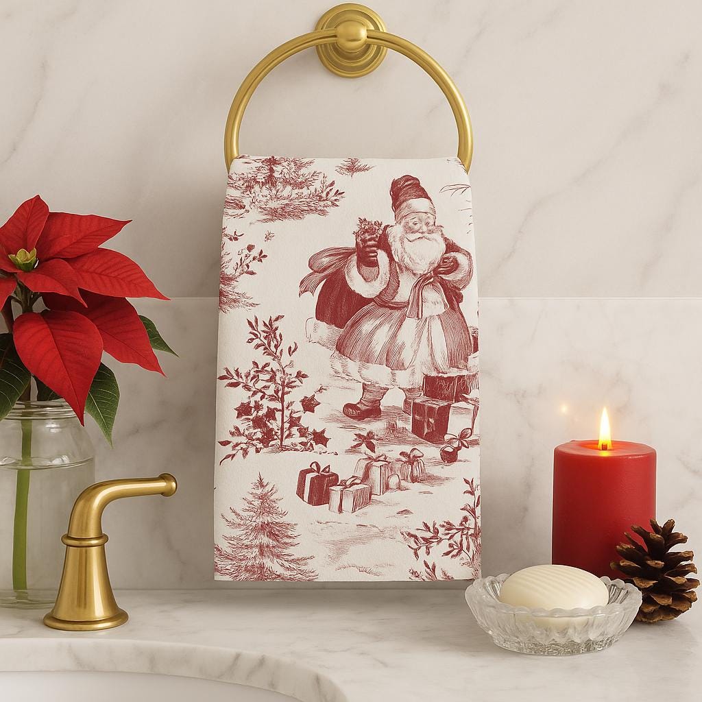 Vintage Santa Hand Towel: Red Toile Christmas Bathroom Decor