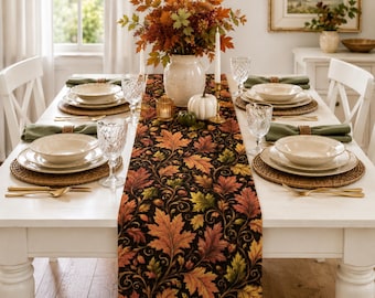 Bordlöpare med höstlöv, bordsdekoration med höstlönnlöv, bordlöpare med Thanksgiving-matsal, bordlöpare med rustik lantlig stil, höstinredning