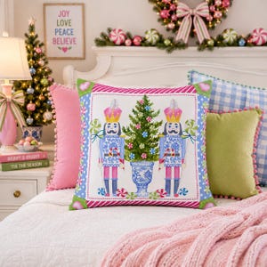 Whimsical Nutcracker Christmas Pillow, Pink Blue Green Holiday Throw Pillow, Candy Cane Christmas Decor