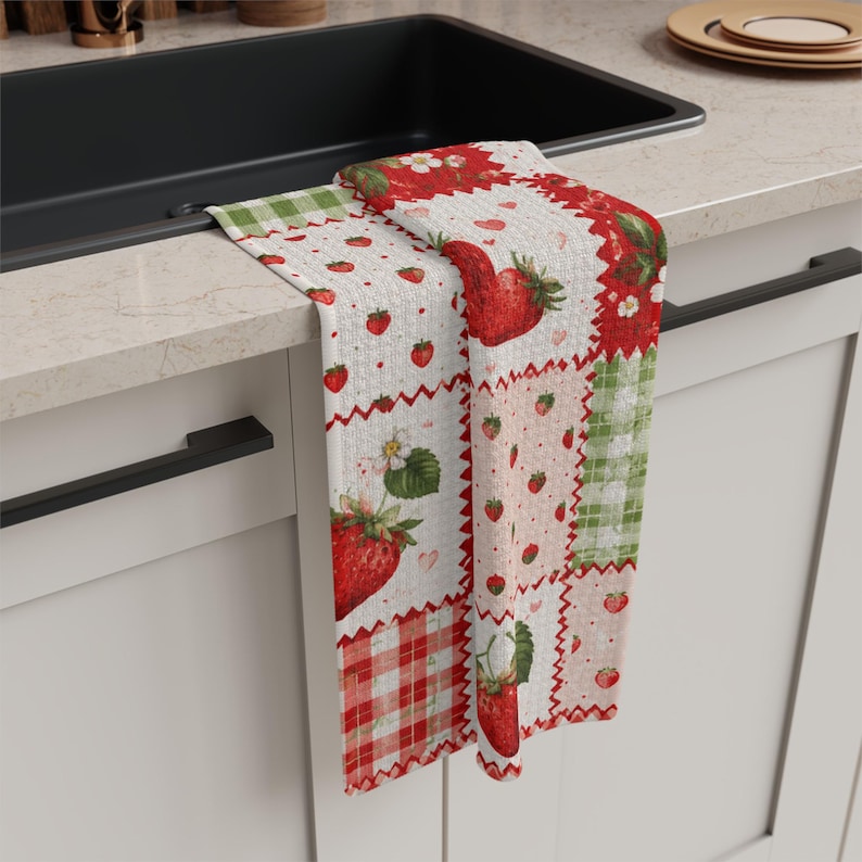 Strawberry Patch Patchwork Microfiber Tea Towel,Fruit kitchen towel image 3
