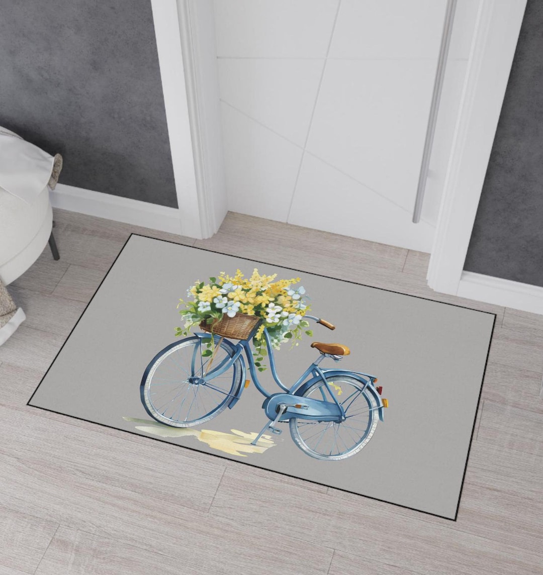 Mtb Rugs Floor Rug Bike With Flowers Entryway Mat Whimsical Kitchen Decor Blue ...
