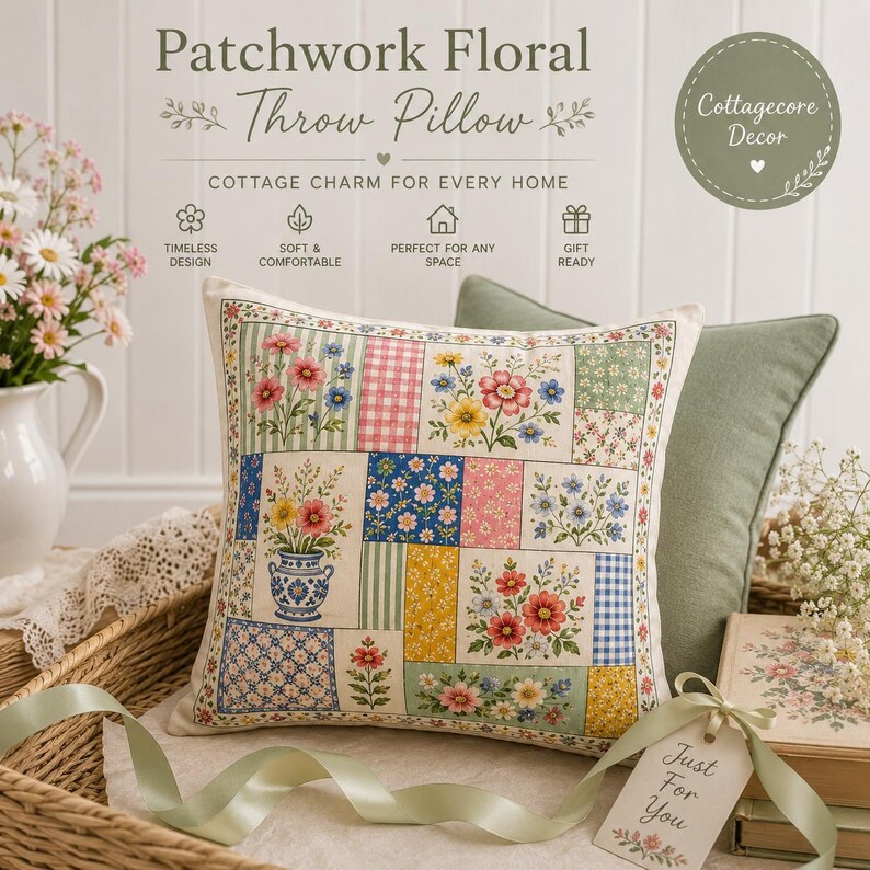 K&ouml;nnte beinhalten: Ein Zierkissen mit Patchwork-Blumendesign. Das Kissen zeigt Quadrate mit verschiedenen Blumenmustern in Rosa, Blau, Gelb und Gr&uuml;n. Der Text "Patchwork Floral Throw Pillow" steht oben. Das Kissen ist im Cottagecore-Stil gestaltet.