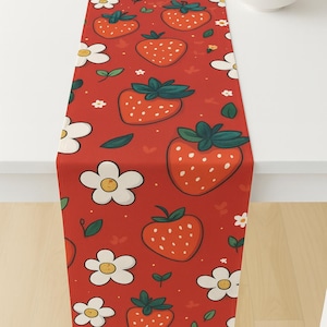 Table Runner Strawberry and Flowers Design, Dining Room Decor, Kitchen Linens, Gift for Mom, Farmhouse Chic Home Accessories