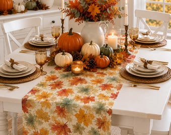 Autumn Leaves Table Runner: Rustic Cotton Twill Fall Thanksgiving table