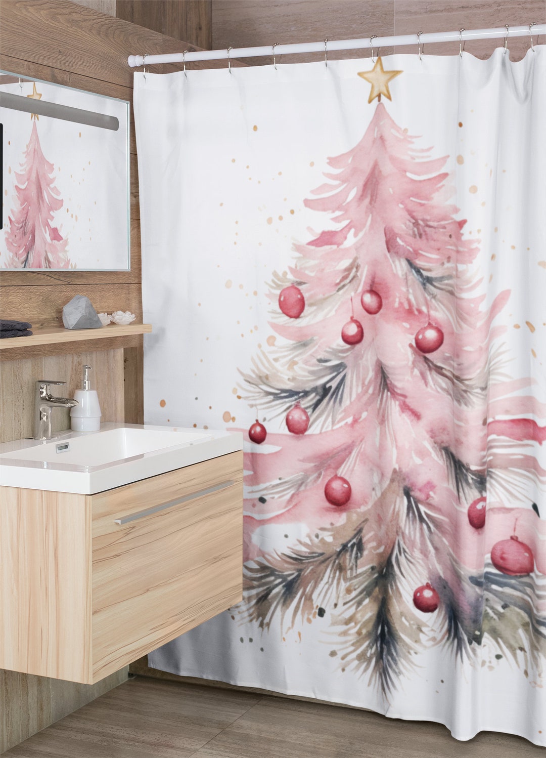 Shabby Chic Pink Christmas Tree Shower Curtain Victorian Holiday ...