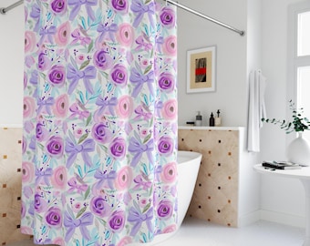 Cortina de ducha con diseño floral de acuarela y lazo de lavanda / Decoración de baño con rosas moradas y rosas