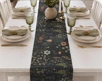 Dark Floral Pattern Table Runner | Botanical Meadow Dining Runner William Morris print