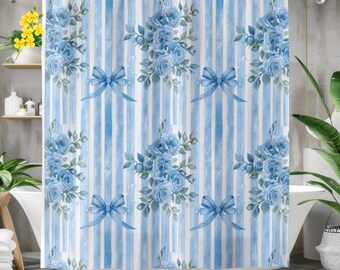 Shabby Chic Shower Curtain: Blue Bow & Pink Roses, Girly Floral Decor
