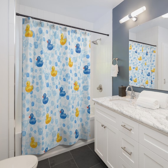 Rubber Duck Shower Curtain – Kids' Bathroom, Fun Yellow & Blue Design