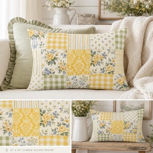 Pu&ograve; includere: Un cuscino lombare rettangolare di 35,56 per 50,8 cm, caratterizzato da un design patchwork con motivi floreali gialli e verdi, quadretti vichy e righe. Il tessuto presenta rose gialle, fiori blu e motivi damascati.