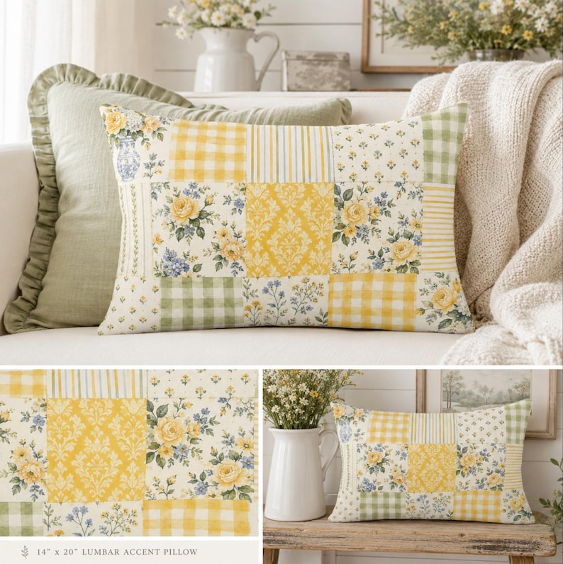 Pu&ograve; includere: Un cuscino lombare rettangolare di 35,56 per 50,8 cm, caratterizzato da un design patchwork con motivi floreali gialli e verdi, quadretti vichy e righe. Il tessuto presenta rose gialle, fiori blu e motivi damascati.