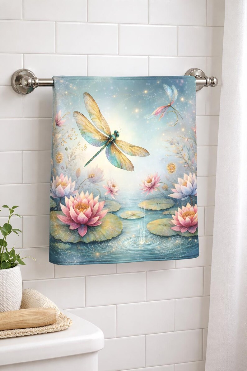 Dragonfly and Water Lilies Hand Towel | Floral Pond Illustration - Etsy