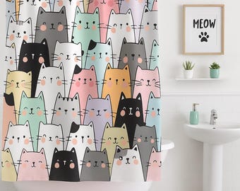 Whimsical Cat Shower Curtain: Colorful Kitten Bathroom Decor