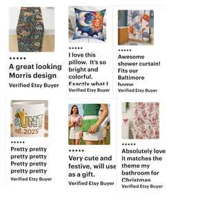 K&ouml;nnte beinhalten: Eine Sammlung von Etsy-Produktbildern, darunter ein Tischl&auml;ufer mit Morris-Design, ein Kissen mit Sonnen- und Monddesign, ein Duschvorhang mit Krabben, eine Tasse mit dem Wort "Aunt" und dem Jahr 2025, ein Golf-Accessoire und ein Weihnachts-Duschvorhang.