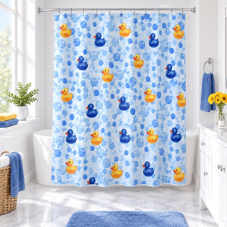 May include: A shower curtain featuring a repeating pattern of yellow rubber ducks and dark blue rubber ducks interspersed with light blue bubbles of varying sizes against a white background, suspended from a silver metal rod with rings.