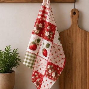 May include: A kitchen towel featuring a patchwork design of red strawberries, white strawberry blossoms, green leaves, and red and white checkered patterns. The fabric displays various square sections with repeating fruit and floral motifs.