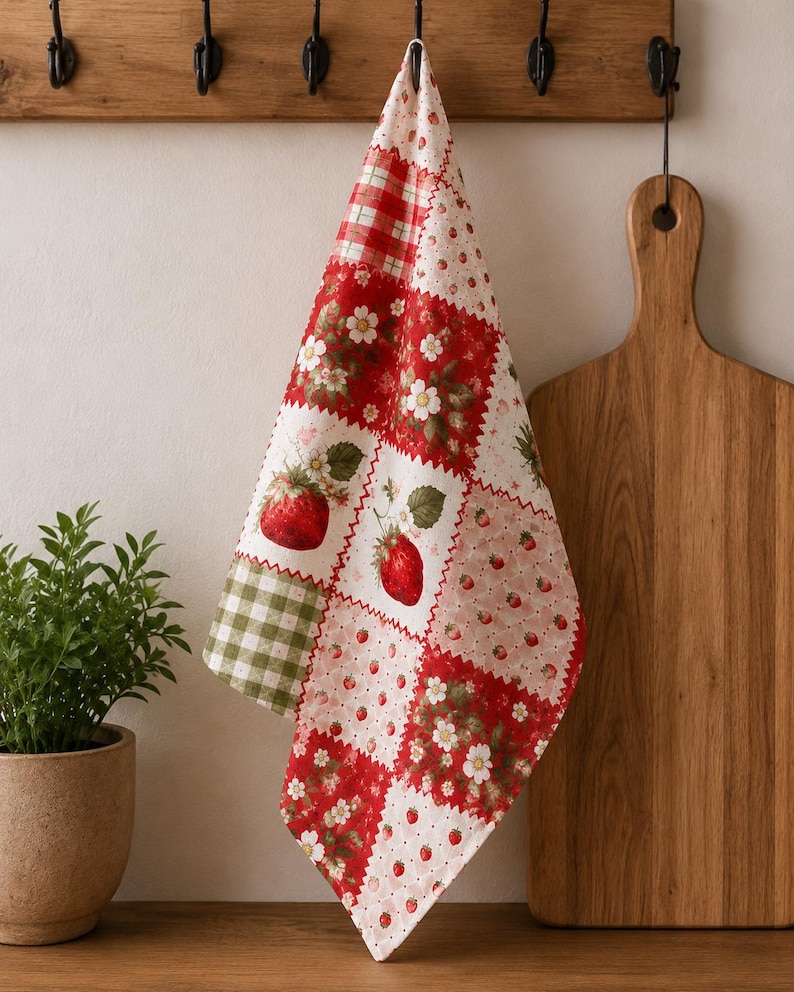 May include: A kitchen towel featuring a patchwork design of red strawberries, white strawberry blossoms, green leaves, and red and white checkered patterns. The fabric displays various square sections with repeating fruit and floral motifs.
