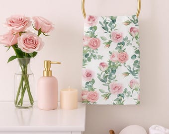 Pink Rose Hand Towel – Floral Bathroom Decor, Romantic Guest Towel, Cottagecore Botanical Accent