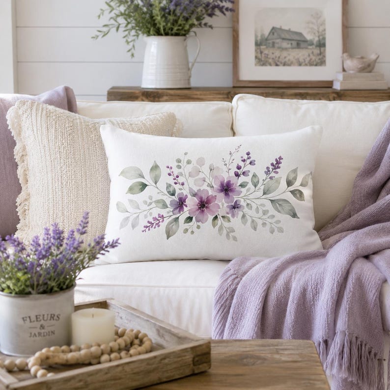 Purple home - Lavender Floral Lumbar Pillow