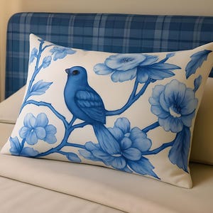 Bluebird Floral Lumbar Pillow: Chinoiserie Spring Accent Cushion