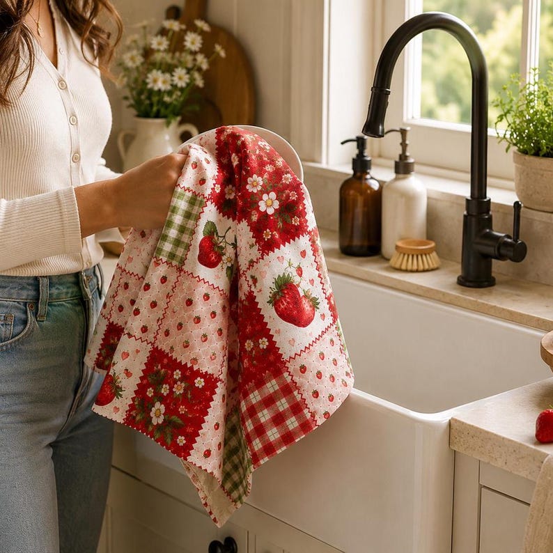 May include: A square kitchen towel featuring a patchwork design of red strawberries, white daisies, and green and red checkered patterns. The fabric displays a repeating motif of small berries and floral elements in shades of red, white, and green.