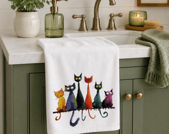 Funny Cats Hand Towel: Green Whimsical Bathroom Decor
