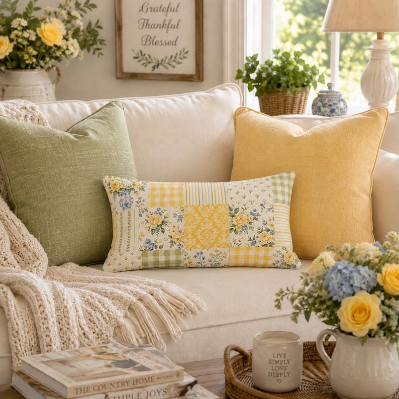 Pu&ograve; includere: Un cuscino rettangolare con un design patchwork di motivi floreali gialli e verdi, quadretti vichy e stampe damascate. Il cuscino &egrave; posizionato su un divano color crema tra un cuscino quadrato verde salvia e un cuscino quadrato giallo.