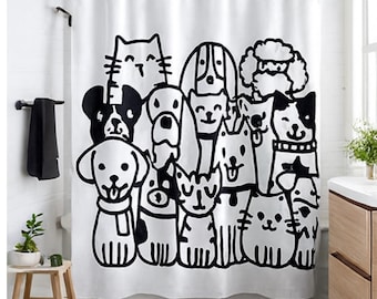Disegni di cani e gatti in bianco e nero, animali domestici in stile cartone animato, tenda da doccia