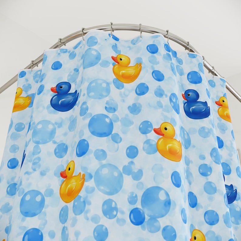 Rubber Duck Shower Curtain – Kids' Bathroom, Fun Yellow & Blue Design image 2