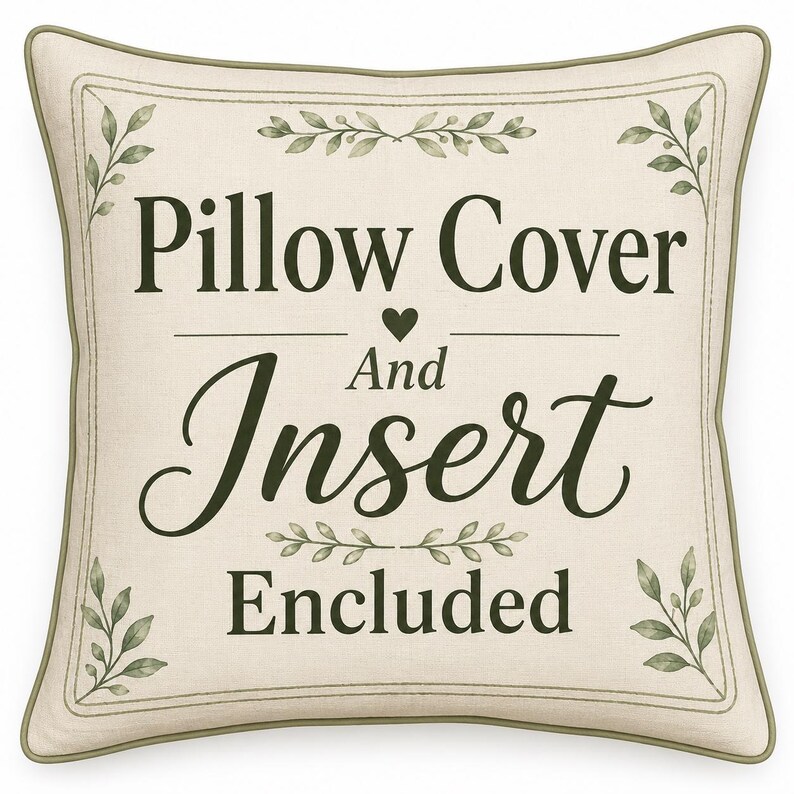 Pu&ograve; includere: Una federa quadrata color bianco sporco con bordino verde scuro e illustrazioni di foglie negli angoli. Il testo recita Pillow Cover And Insert Encluded con una piccola icona a forma di cuore tra le parole.