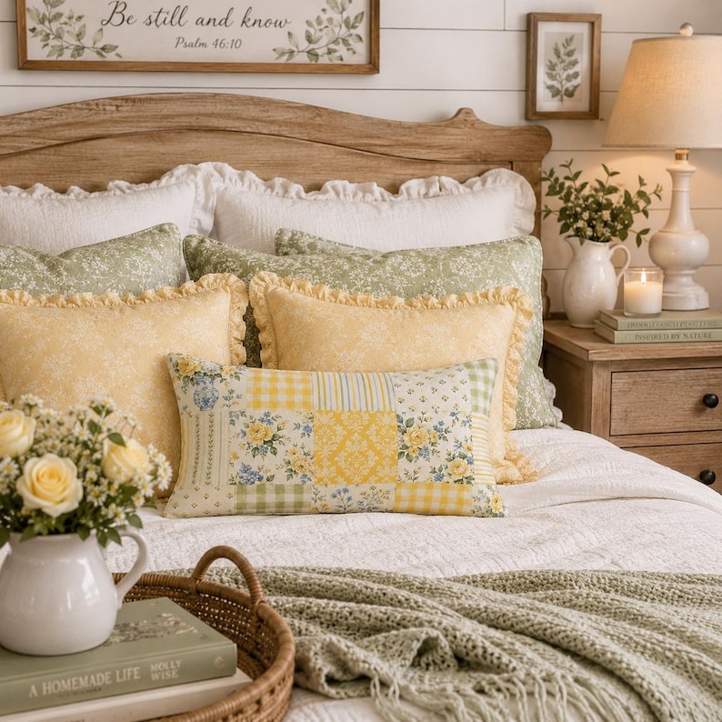Pu&ograve; includere: Un cuscino rettangolare con un design patchwork di motivi floreali, a quadretti e damascati in giallo e bianco. Il cuscino &egrave; posizionato su un letto con cuscini gialli e verde salvia con volant, una trapunta bianca e un plaid in maglia.