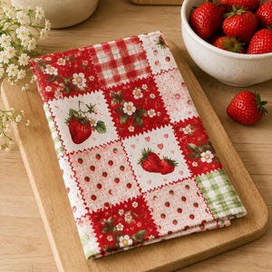 May include: A folded kitchen towel featuring a patchwork design of red and white squares. The pattern includes illustrations of strawberries, small white flowers, green leaves, red hearts, and checkered prints in red and green on a white background.