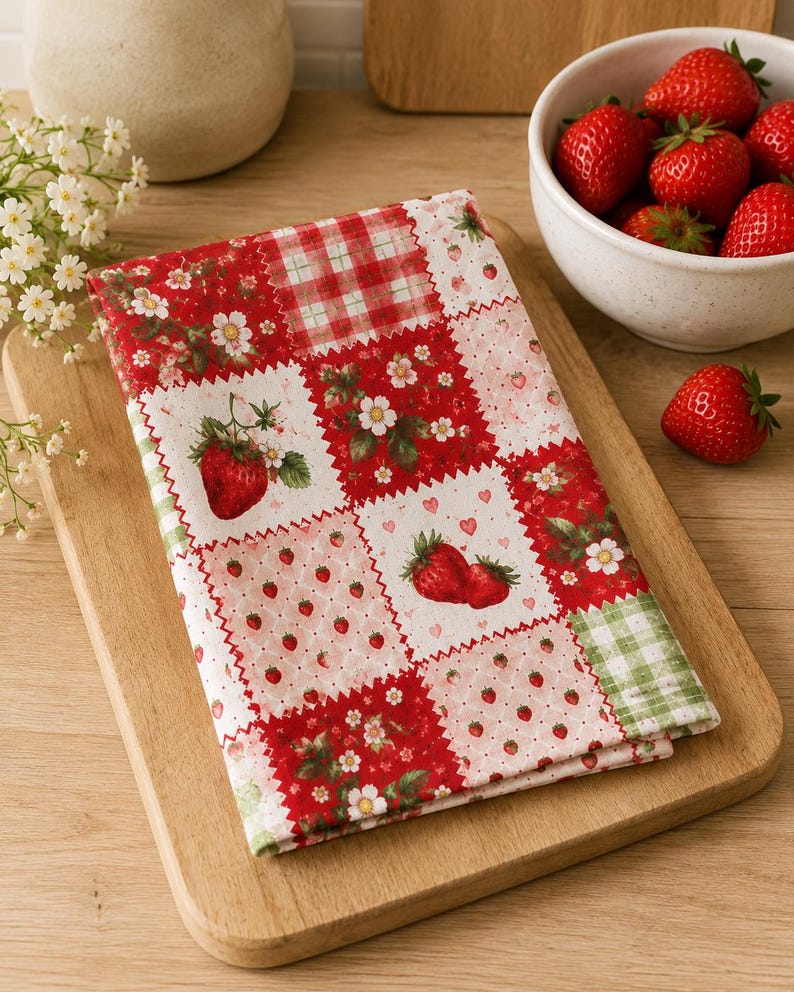 May include: A folded kitchen towel featuring a patchwork design of red and white squares. The pattern includes illustrations of strawberries, small white flowers, green leaves, red hearts, and checkered prints in red and green on a white background.