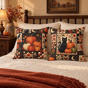 May include: Two square throw pillows featuring a patchwork design with autumn motifs. One pillow displays orange and white pumpkins, while the other shows a black cat sitting beside pumpkins, both accented with fall leaves, stars, and moons.