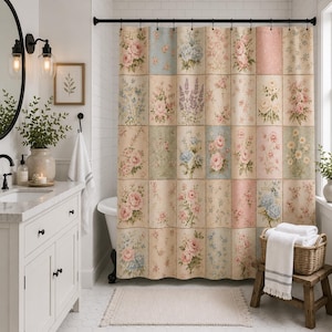 May include: A shower curtain featuring a grid of rectangular panels, each decorated with various floral patterns in soft shades of pink, blue, green, and cream. The design includes illustrations of roses, lavender, and small wildflowers.