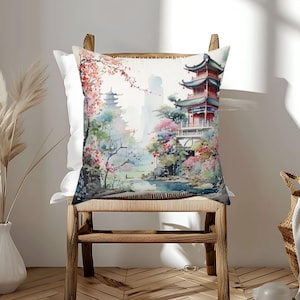 Chinoiserie Quadratisches Kissen Orientalisches dekoratives Kissen Asiatisch inspiriertes Hauptakzent-Pagoden-traditionelles chinesisches Kissen