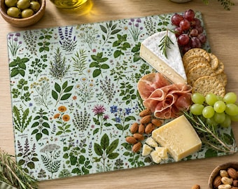 Herbal Botanical Pattern Glass Cutting Board | Herb Floral Kitchen Decor