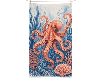 Toalla de mano vintage con diseño de pulpo coral / Toalla de cocina con diseño náutico de vida marina