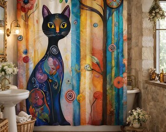 Whimsical Black Cat Shower Curtain, Colorful Cat Bathroom Decor, Boho Cat Shower Curtain, Cat Lover Gift, Artsy Bathroom Curtain
