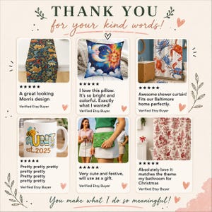 May include: A collage of six customer reviews featuring a table runner with a floral pattern, a sun and moon pillow, a crab shower curtain, a mug with the text Aunt est. 2025, a green golf pouch, and a red and white Christmas themed shower curtain.
