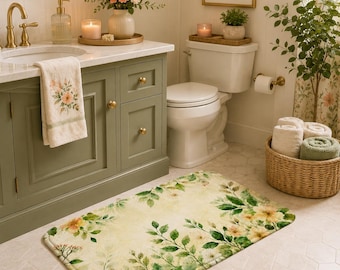 Badematte Grün Aquarell | Floral Blätter Badezimmer Teppich