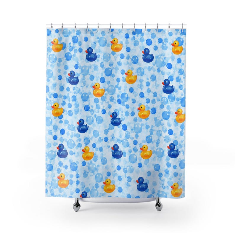 Rubber Duck Shower Curtain – Kids' Bathroom, Fun Yellow & Blue Design image 3