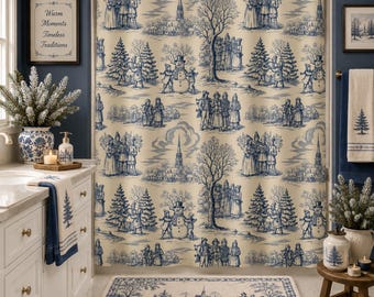 Vintage Blue Toile Look Christmas Shower Curtain | Winter Village Bath Decor