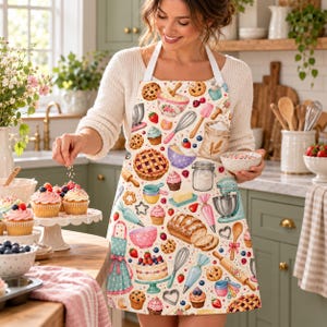 May include: A white apron featuring a colorful repeating pattern of baking supplies including cupcakes, pies, loaves of bread, whisks, rolling pins, mixing bowls, measuring cups, and piping bags. The apron has white neck and waist ties.