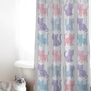 Cats Shower Curtains Animal Lover Bathroom Decor, Cute Kitty Cat Design Pastel Colors Bath Curtain Home Interior Accessories