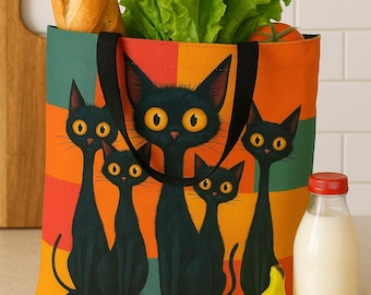 Bolsa de mano con diseño de gato: colorida y ecológica bolsa de poliéster.