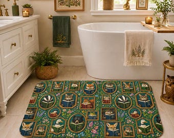 Woodland Animal Portraits Bath Mat | Reading Animals Pattern Kids Bathroom